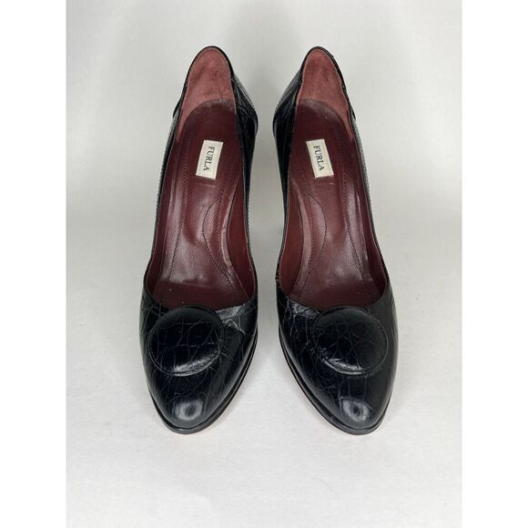 Furla Black Leather Croc Embossed Platform High Heels Women Sz 40EU/9.5M US - Picture 8 of 13